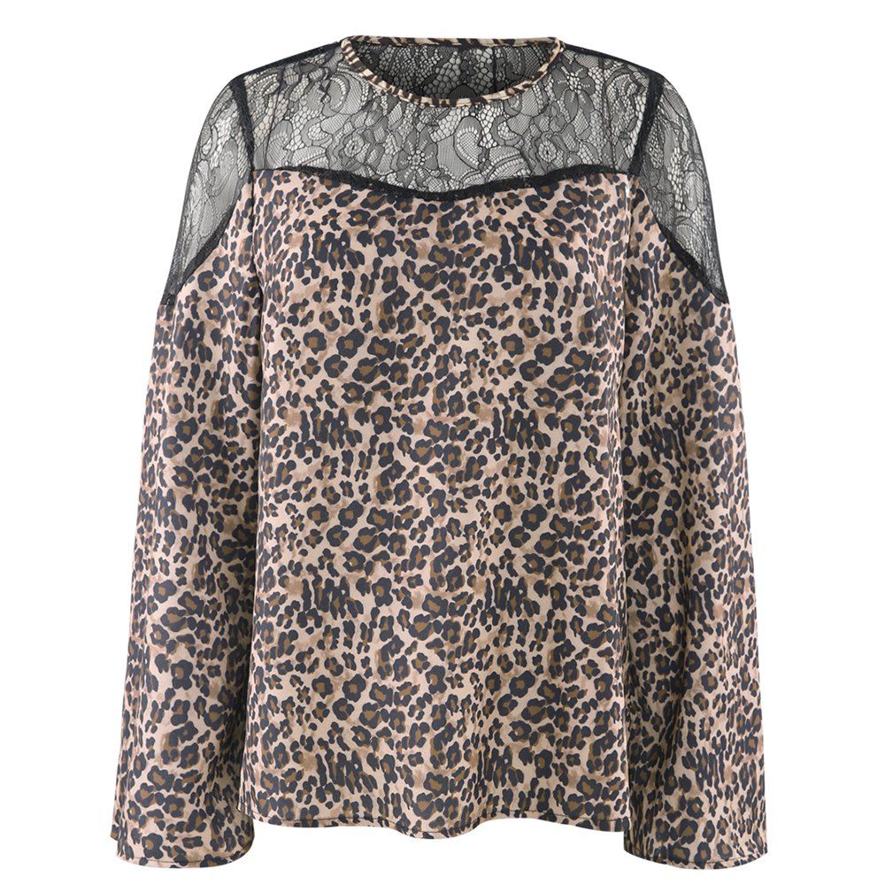 

KISSMILK Women'S Lace Perspective Leopard Trumpet Sleeve Top Leopard