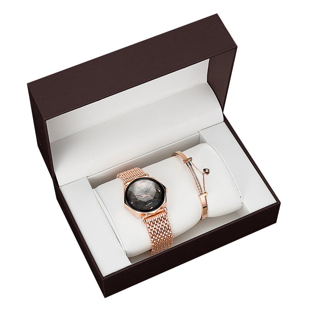 GREALY 2PCS Ms. Alloy Prismatic Bracelet Watch Stainless Steel Gift Box