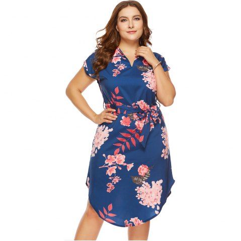 

Fashion Casual Long V-Neck Short-Sleeved Flower Print Loose Dress, Deep blue