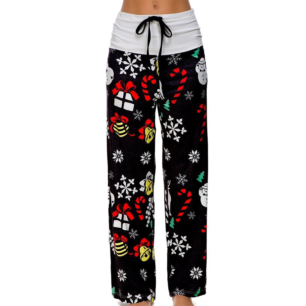 

Santa Claus Snowflake Elk Print Stitched Wide Leg Pants, Black