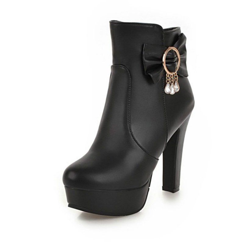 

Round Head Waterproof Platform with High Heel Sweet Ladies Ankle Boots, Black