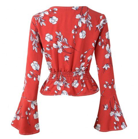 

Occident18 Autumn And Winter New V-Neck Printed Long Sleeved Chiffon Blouse(Red, Ruby red