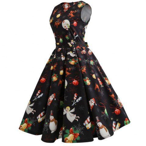 

2018 New Christmas Print Long Dress, Black