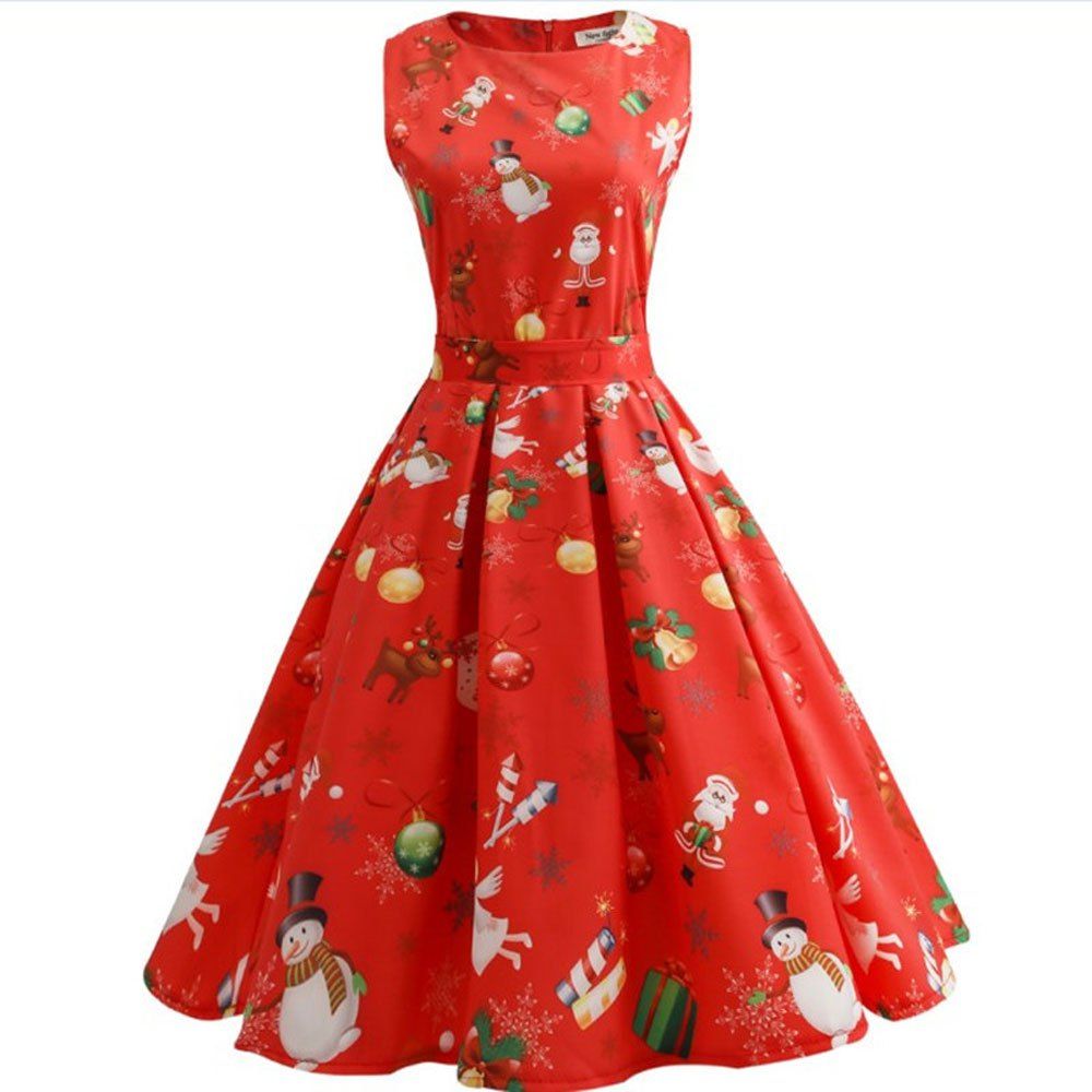 

2018 New Christmas Print Long Dress, Red