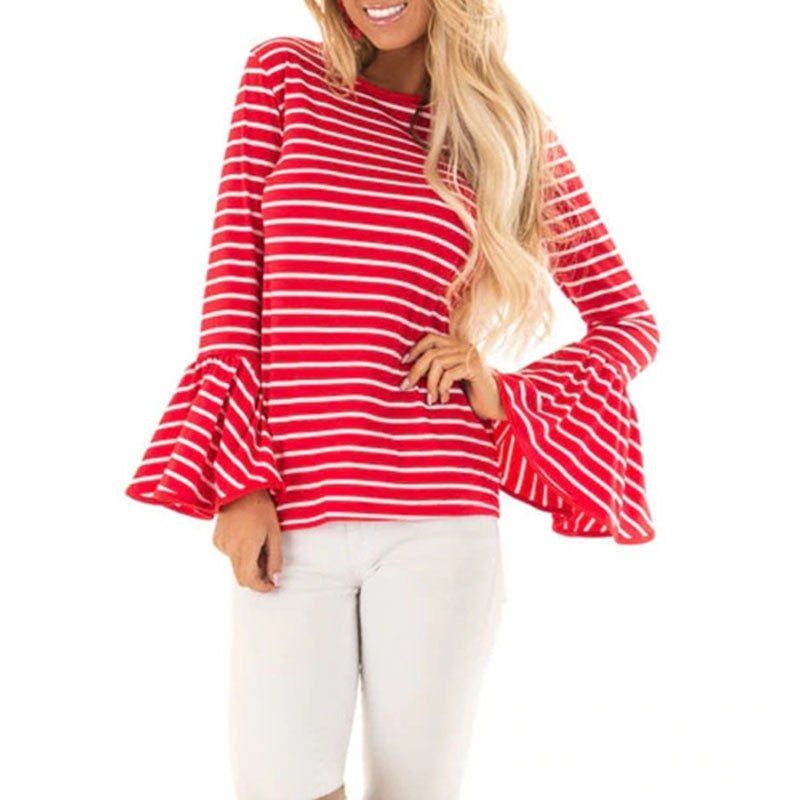 

Women'S Long Sleeve T Shirt with Round Neck Stripes and Long Sleeves, Red