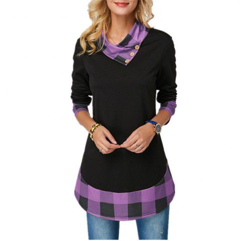 

Color Check Irregular Long Sleeve Vest, Purple