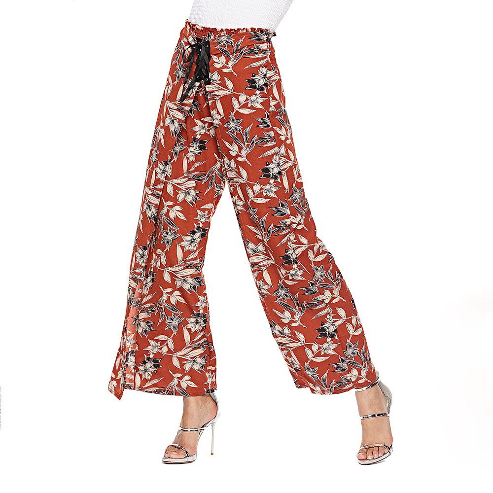 

Women's Wide Leg Pants Floral High Waist Chiffon Pants, Valentine red