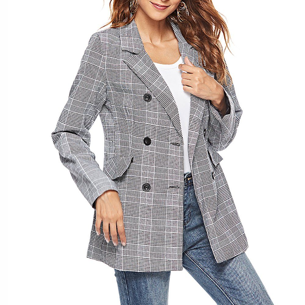 

Women' Blazer Plaid Double Breasted Casual Blazer, Light slate gray;gray