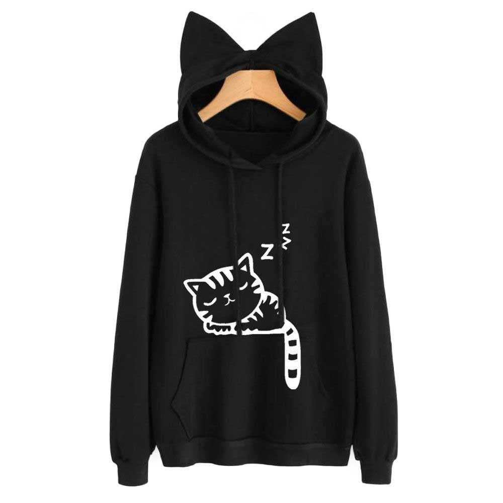 

Women'S Loose Cat Hooded Sweater, Black