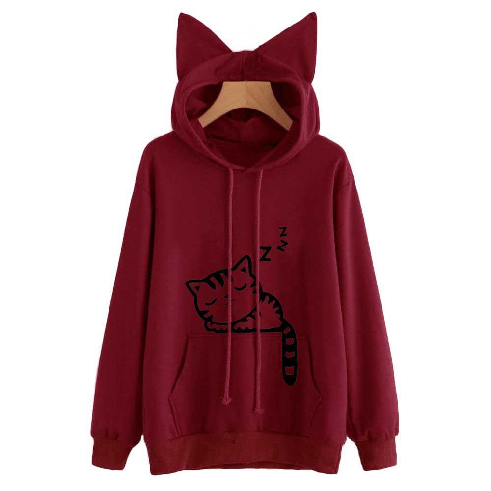 

Women'S Loose Cat Hooded Sweater, Red wine