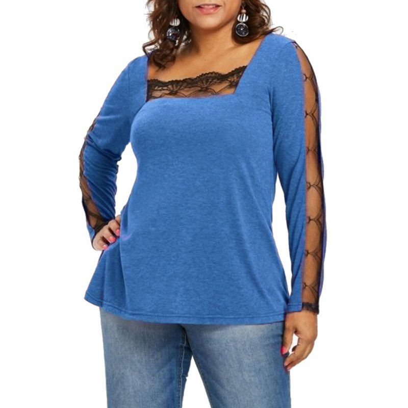 

Lace Splicing Square Collar Long Sleeve T Shirt, Dodger blue