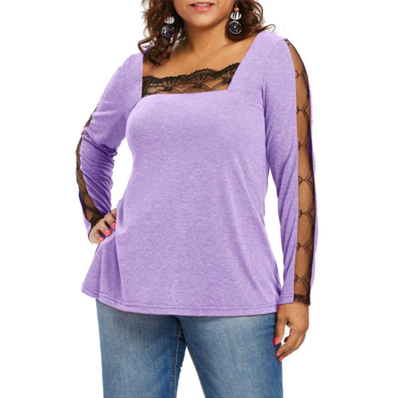 

Lace Splicing Square Collar Long Sleeve T Shirt, Mauve