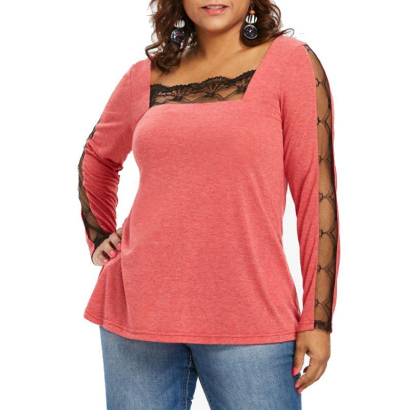 

Lace Splicing Square Collar Long Sleeve T Shirt, Light coral