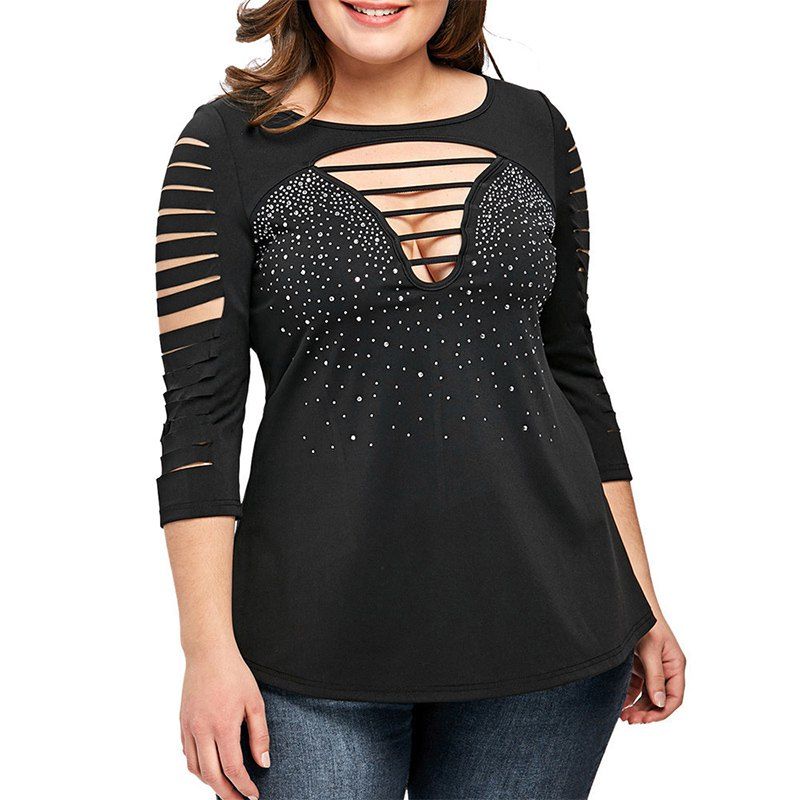

3/4 Length Sleeve Round Collar Hollow Out T Shirt, Black