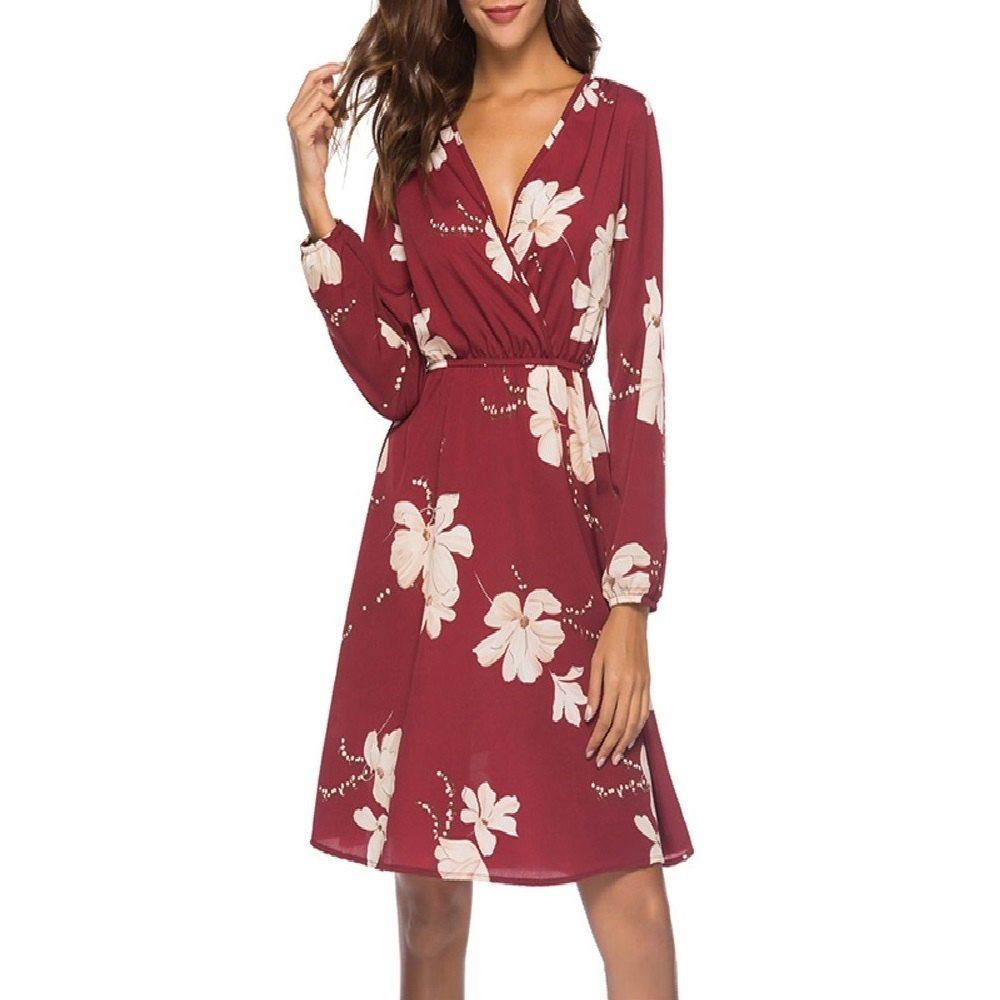 

Long Sleeved Printed Dress- (Claret )S/M/L/XL/XXL, Red wine