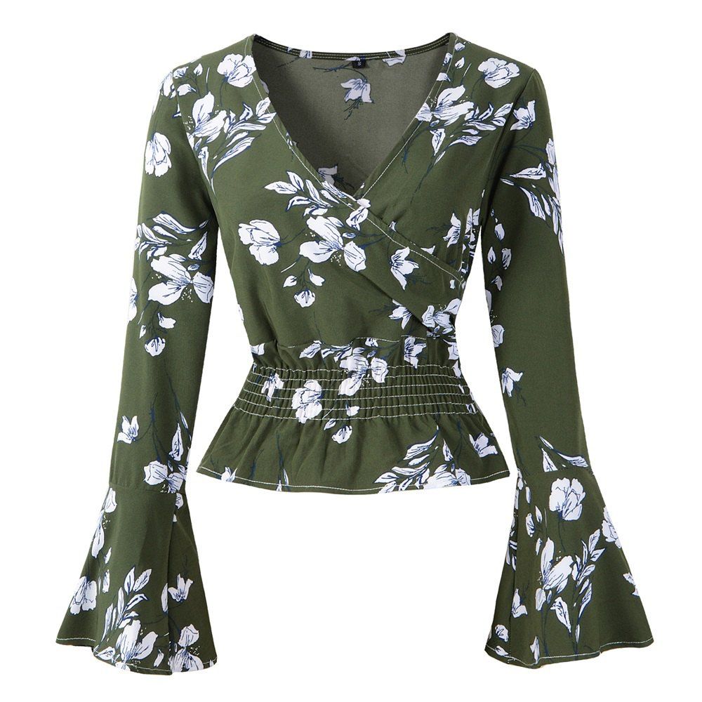 

2018 Autumn/ Winter New V-Neck Printed Long Sleeved Chiffon Blouse(Army Green