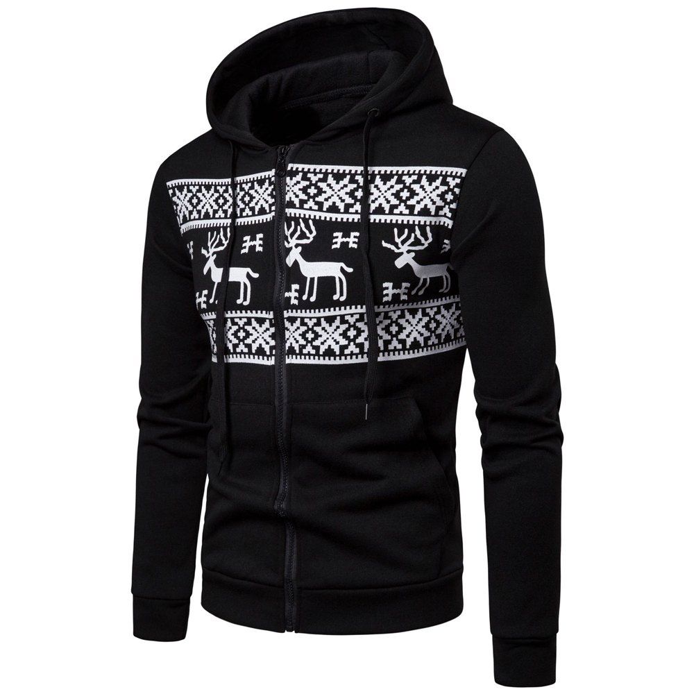 

Christmas Fashion Print Deer Hooded Sweater, Black