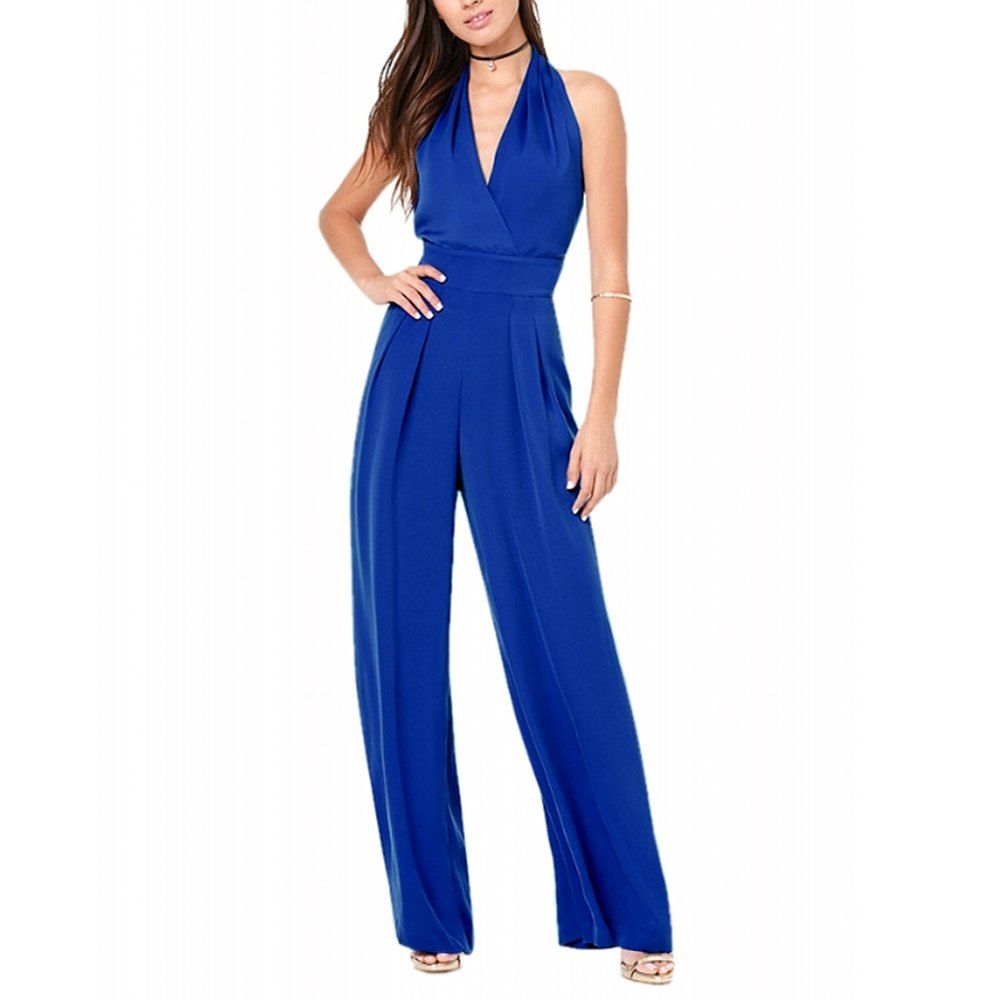 

Women's Fashion Deep V Backless Halter Solid Color Plus Size Wide Leg Jumpsuits, Blue
