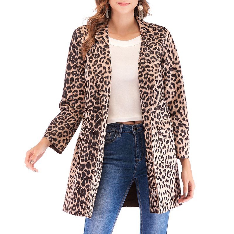 

Autumn Leopard Print Lapel Long Sleeved Lady'S Coat, Camel brown