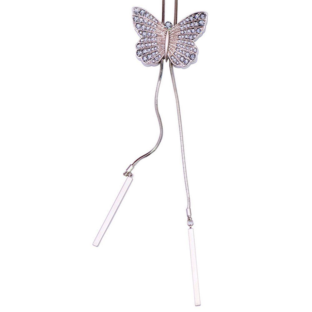 

New Front and Back Lady Fan Crystal Butterfly Long Necklace, Silver
