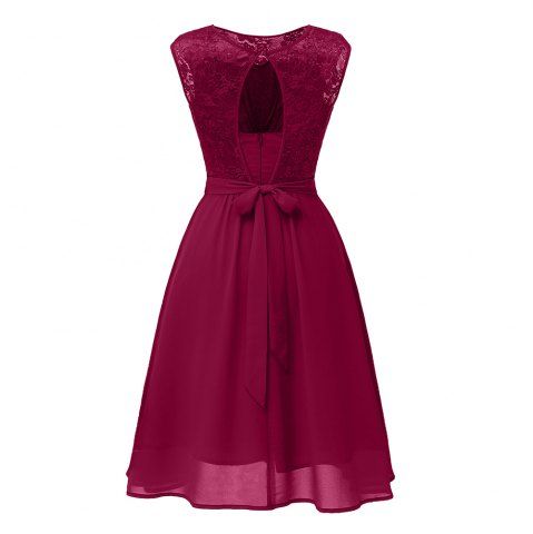 

Ladies Autumn and Winter Temperament Thin Sweet Solid Color Hollow Sexy Dress, Red wine