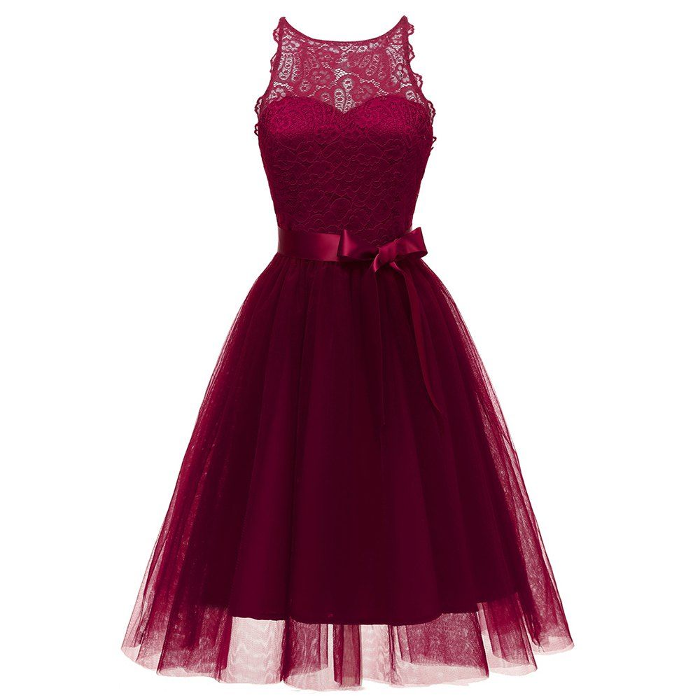 

Openwork Bow Lace Princess Dress Bridesmaid Dress, Red