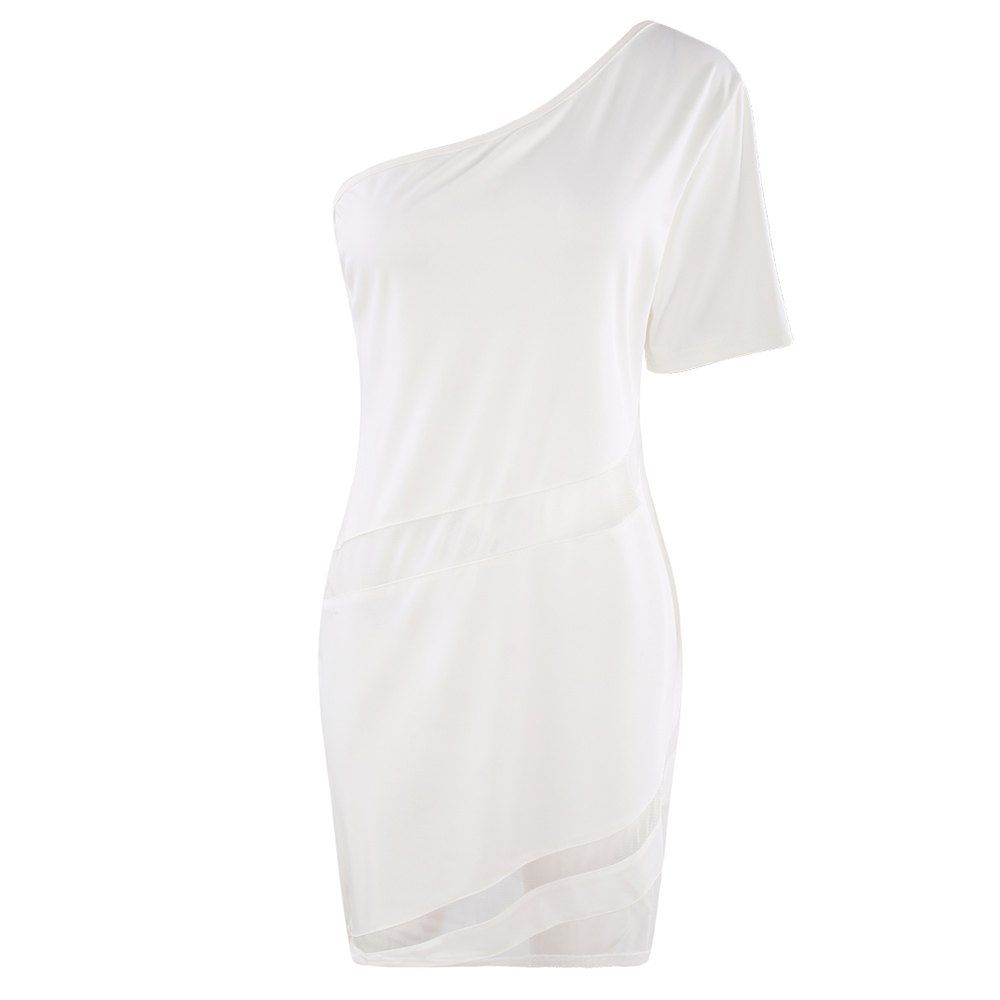

HAODUOYI Women's Fashion Oblique Shoulder Perspective Hip Dress White