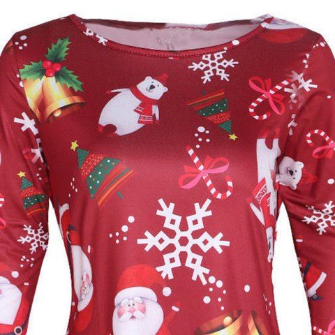 

Christmas Multicolor Printed Elk Long Sleeve Dress, Red wine
