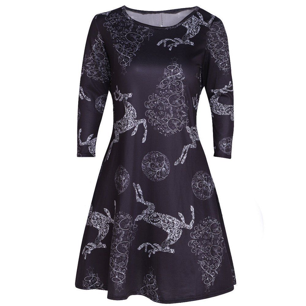 

Christmas Multicolor Printed Elk Long Sleeve Dress, Jet black