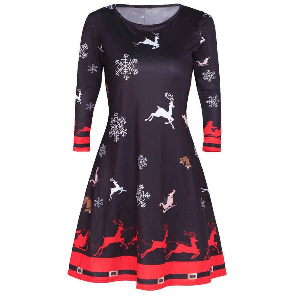 

Christmas Multicolor Printed Elk Long Sleeve Dress, Night