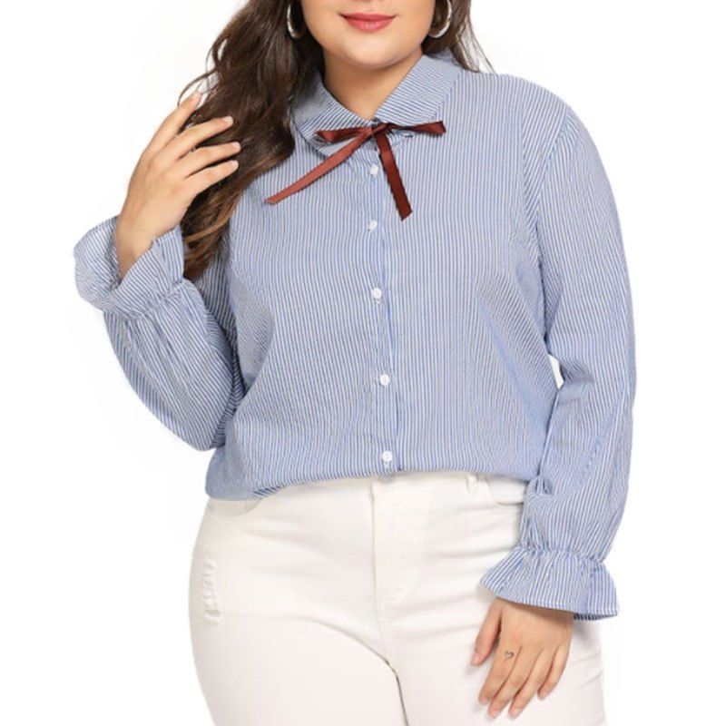 

Stripe Long Sleeve Lapel Blouse, Pastel blue