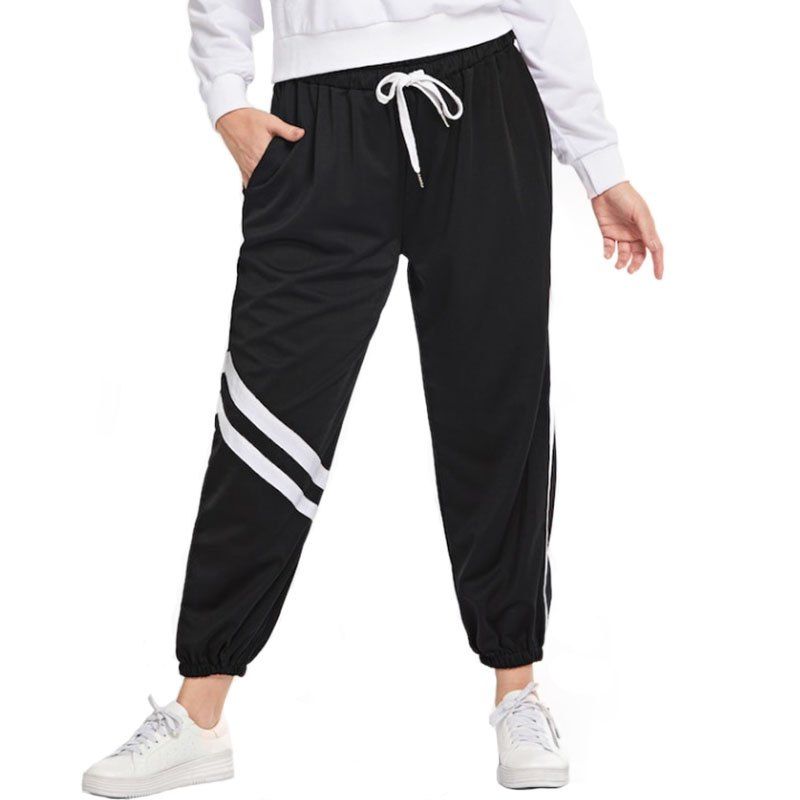 

Loose White Stripe Drawing String Causual Pants, Black
