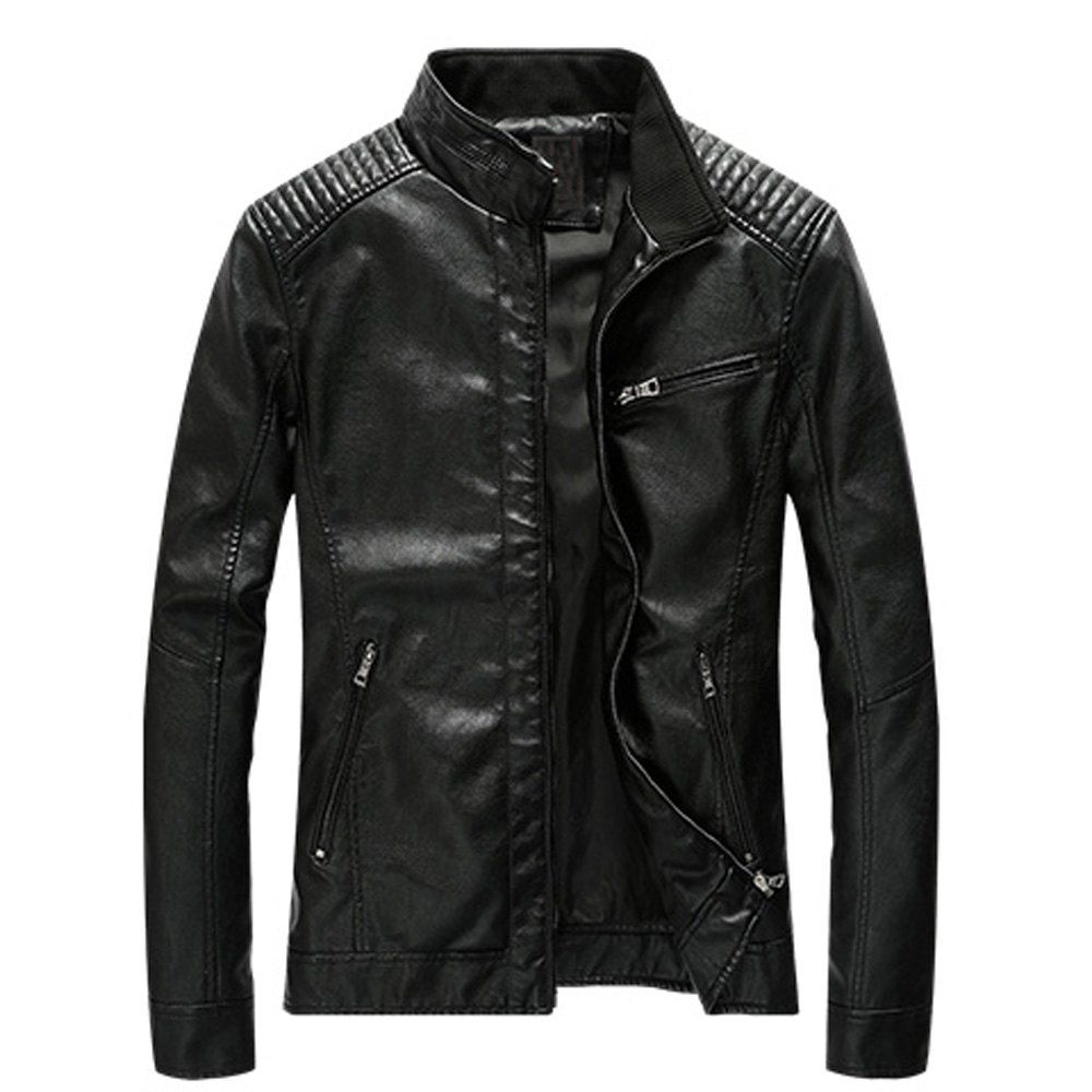 

Men's Casual Slim Trend PU Stand Collar Thin Jacket, Black