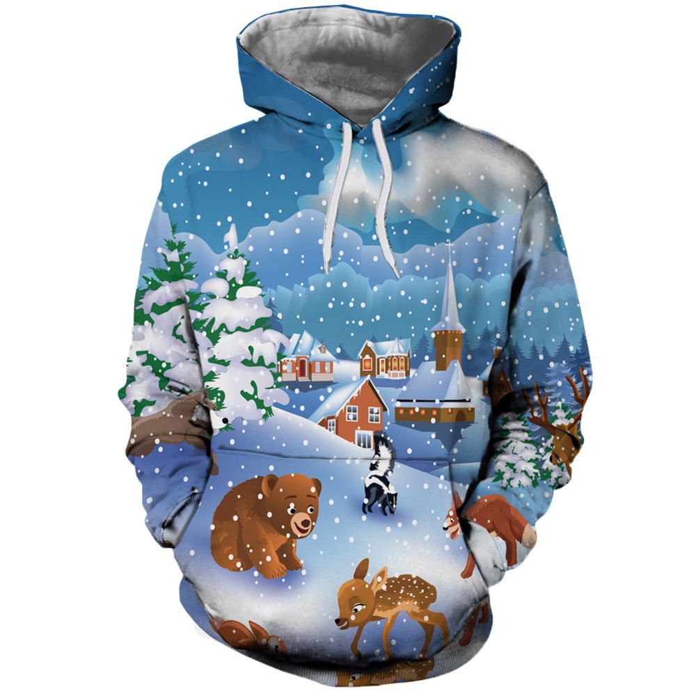 

Women's Fashion Youth Christmas 3D Cartoon Print Patch Pocket Hoodie Sweater, Multi