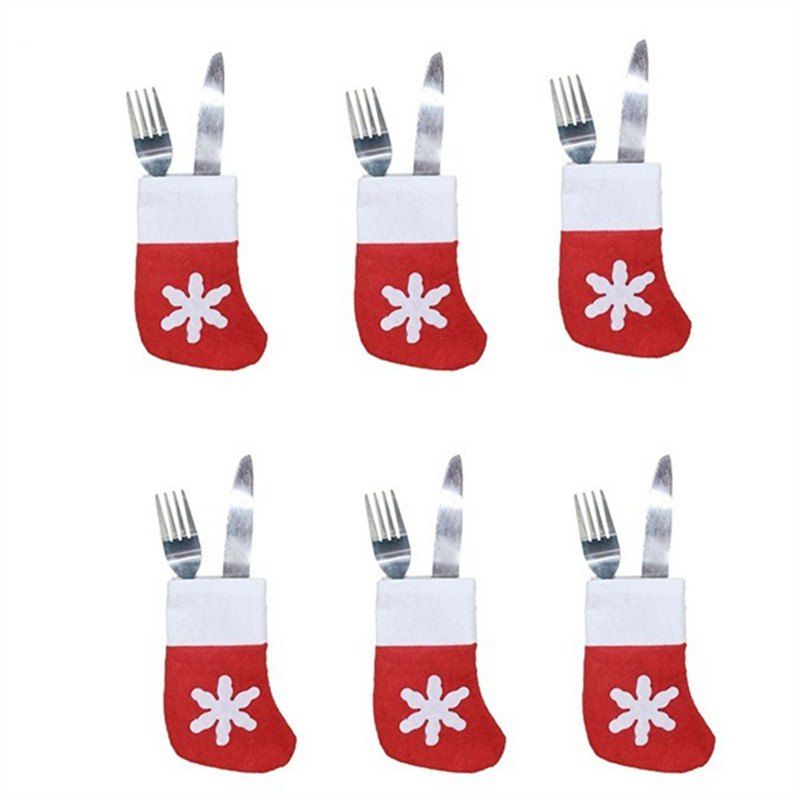 

6PCS Christmas Mini Snowflake Socks Cutlery Accessories Candy Bag Home Decor, Red