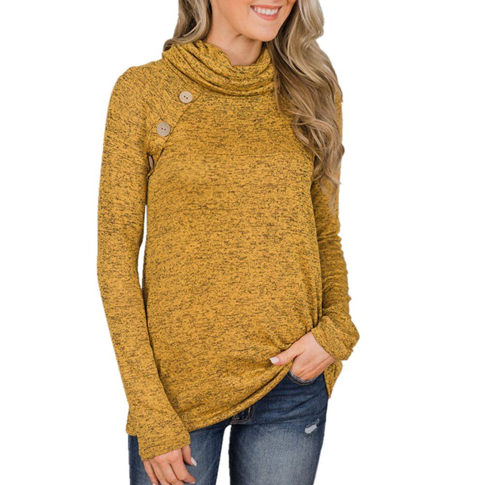 

Women'S Heap Collar Turtleneck Solid Color Long Sleeve Regular Casual T-shirt, Yellow