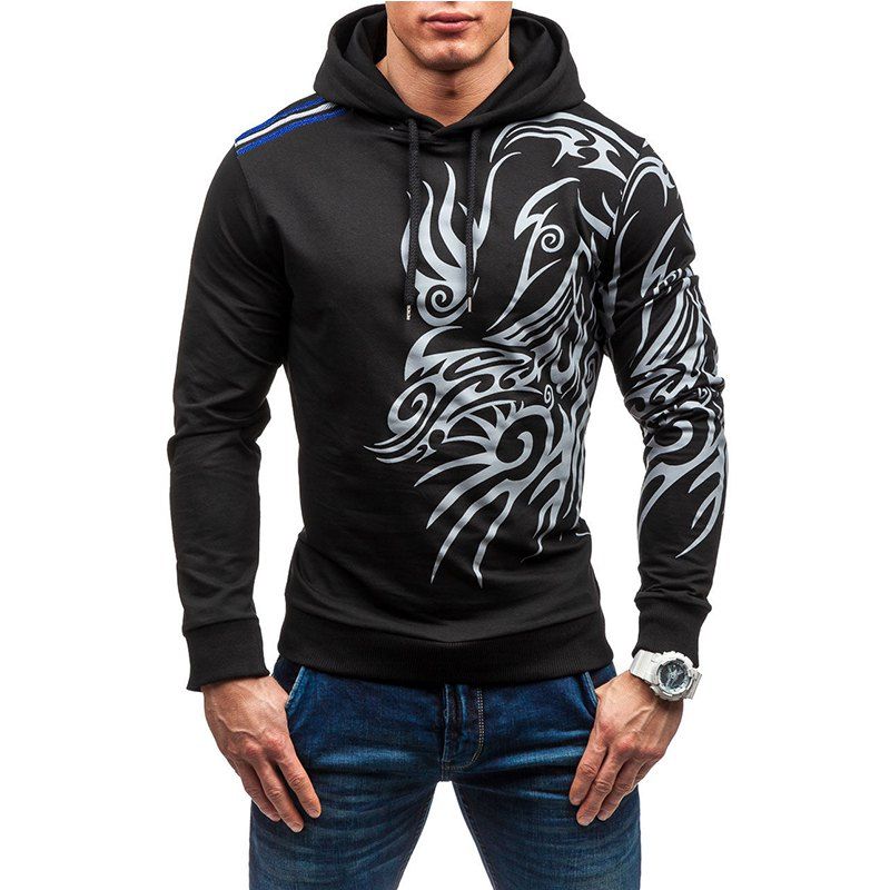 

Men's Casual Long-Sleeved Hooded Sweater Solid Color Dragon-Shaped Pullover, Black