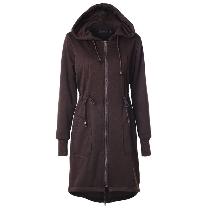 

Autumn Casual Hooded Long Sleeved Drawstring Long Coat, Rust