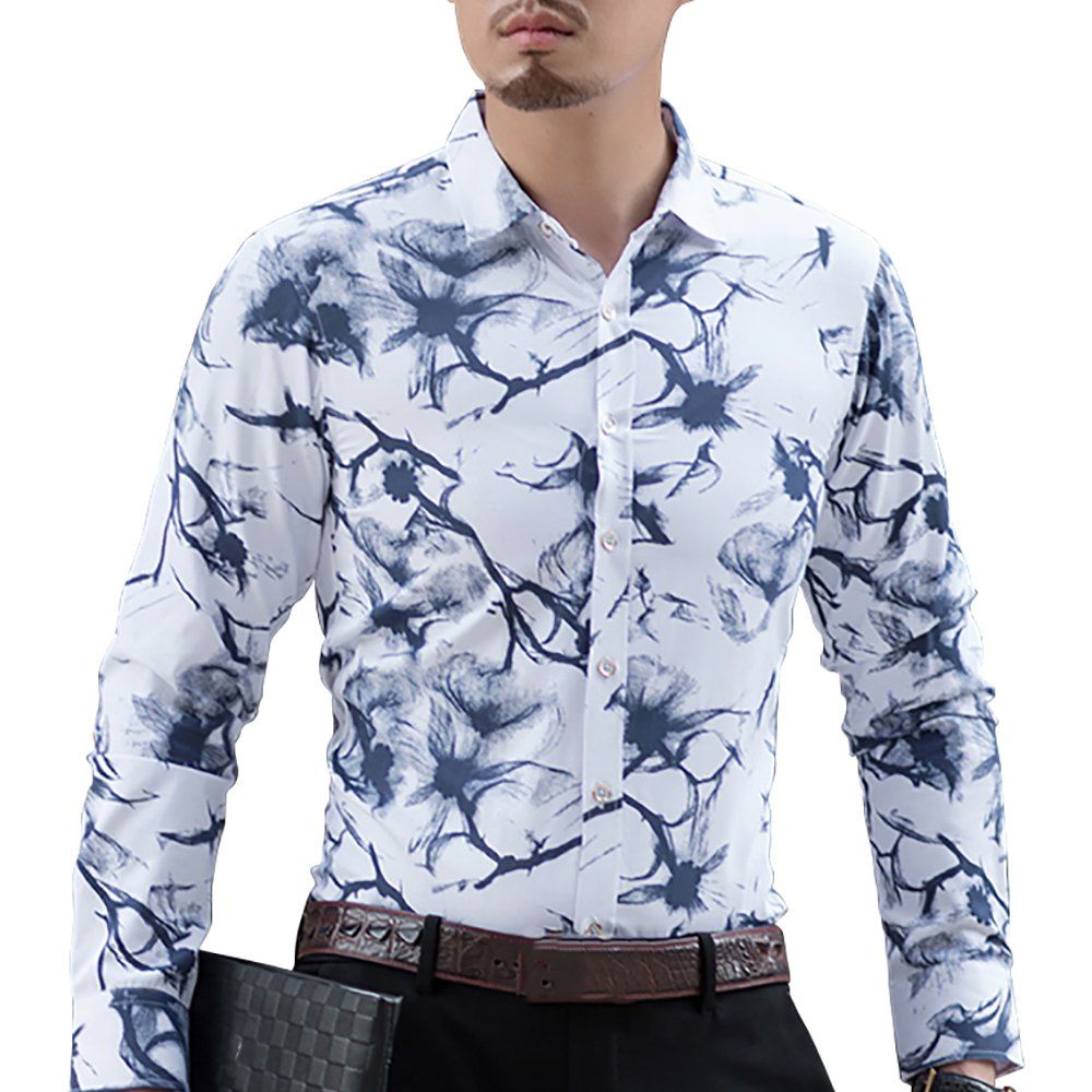 

Men's Lapel Satin Flower Long Sleeve Shirt, White