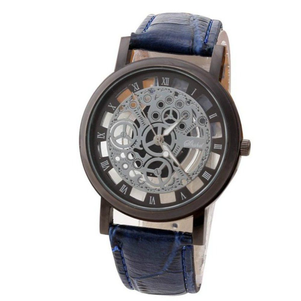 

New Fashion Men Hollowed Black Watchcase Leisure Belt Quartz Watch, Blue