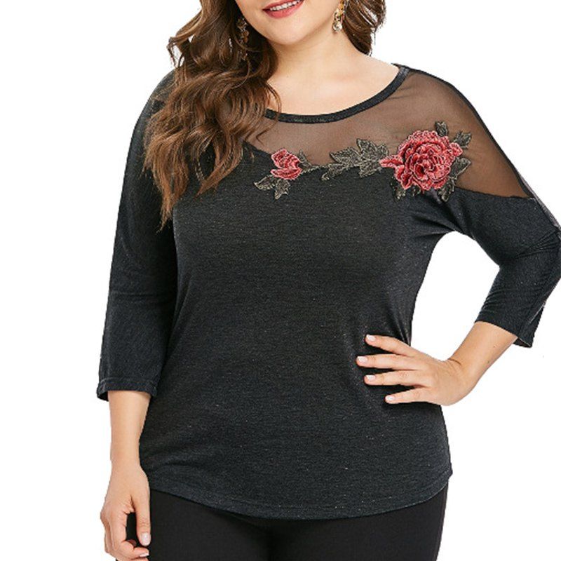 

Solid Color Gauze Hollow Out Embroidery Long Sleeve T Shirt, Black