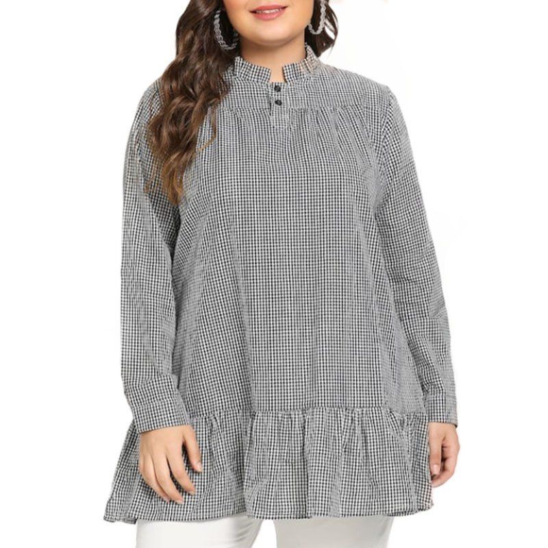 

Plaid Stringy Selvedge Long Sleeve Pullover Blouse, Black