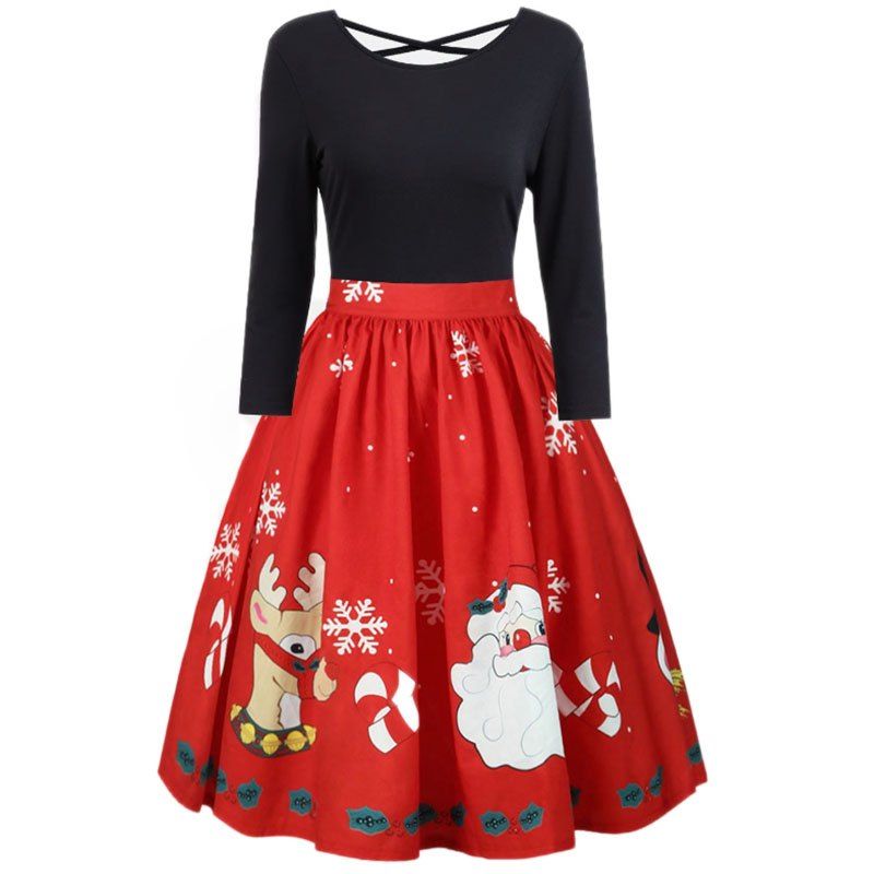 

elk Santa Claus Splicing Long Sleeve Dress, Black