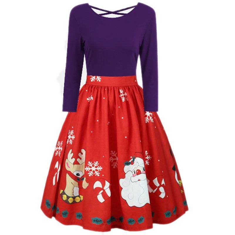 

elk Santa Claus Splicing Long Sleeve Dress, Purple iris
