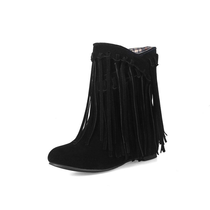 

High Fringed Casual Round Head Boots, Black