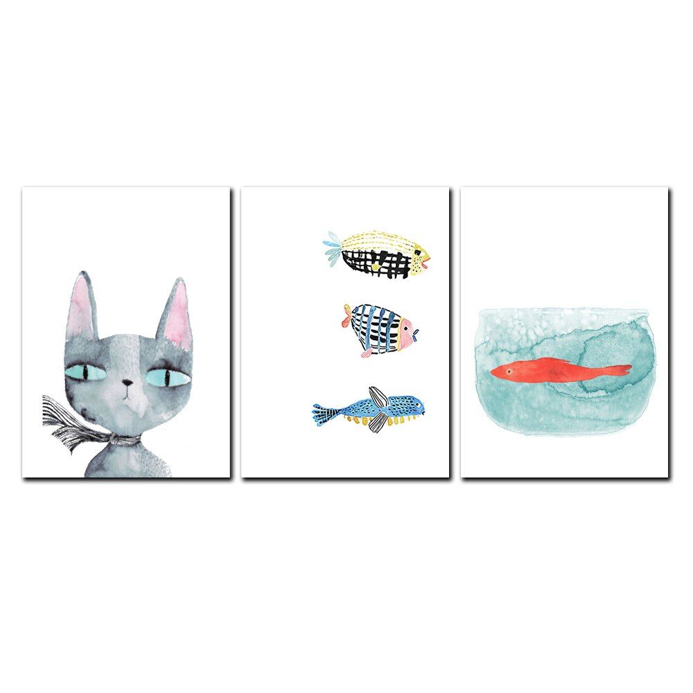

YISHIYUAN 3 Pcs HD Inkjet Paints Cartoon Cat Fish Fish Tank Decorative Painting, Multi
