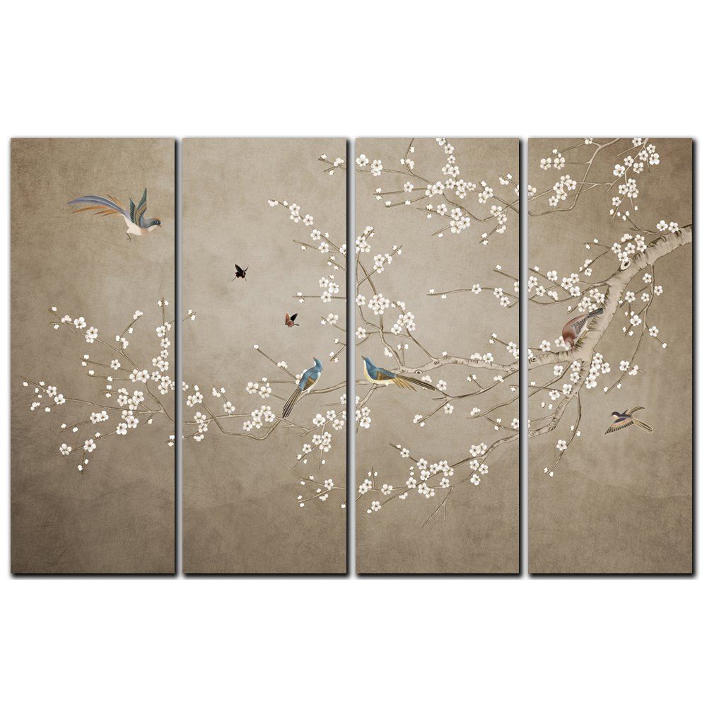 

YISHIYUAN 4 Pcs HD Inkjet Paints New Chinese Flower Bird Decorative Painting, Multi
