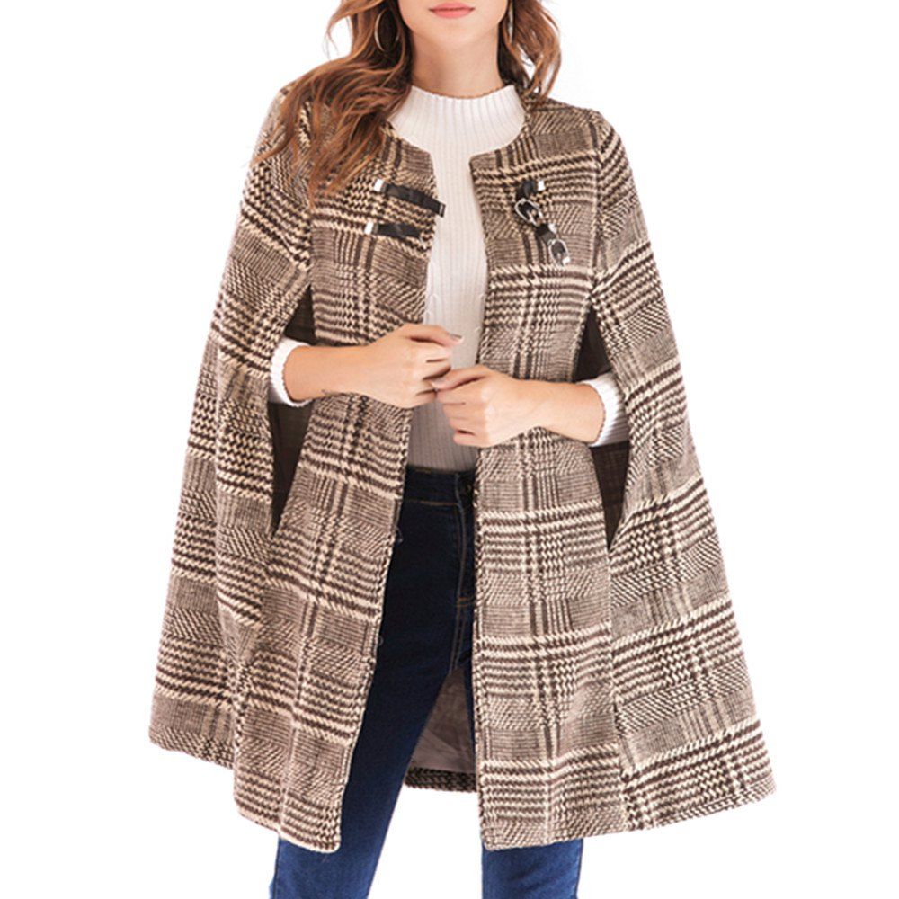 

Tartan Tweed Jacket with Leather Buckles, Camel brown