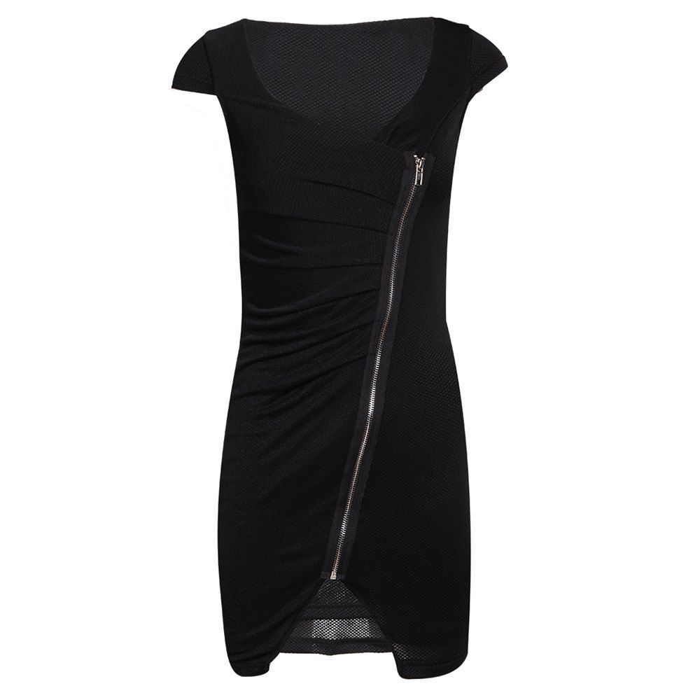 

HAODUOYI Women's Asymmetrical Diagonal Zipper V-Neck Design Dress Black