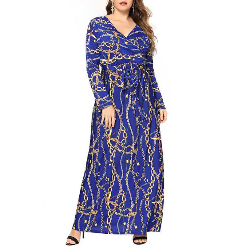 

Printing Round Collar Tight Waist Long Dress, Cobalt blue